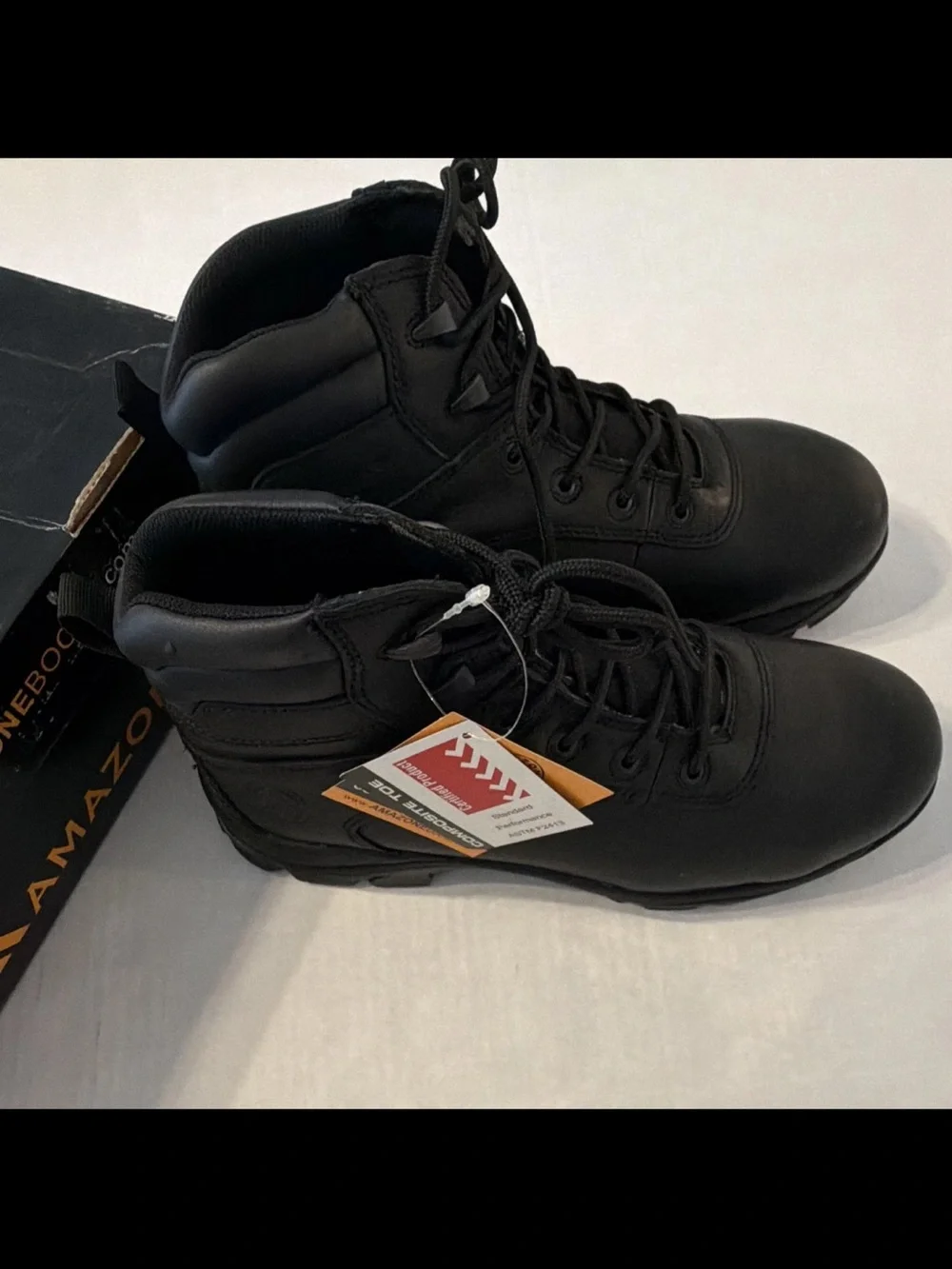 Amazone Men’s US 8.5 Black Leather Work Boot Wide Lace-Up Slip Resistant